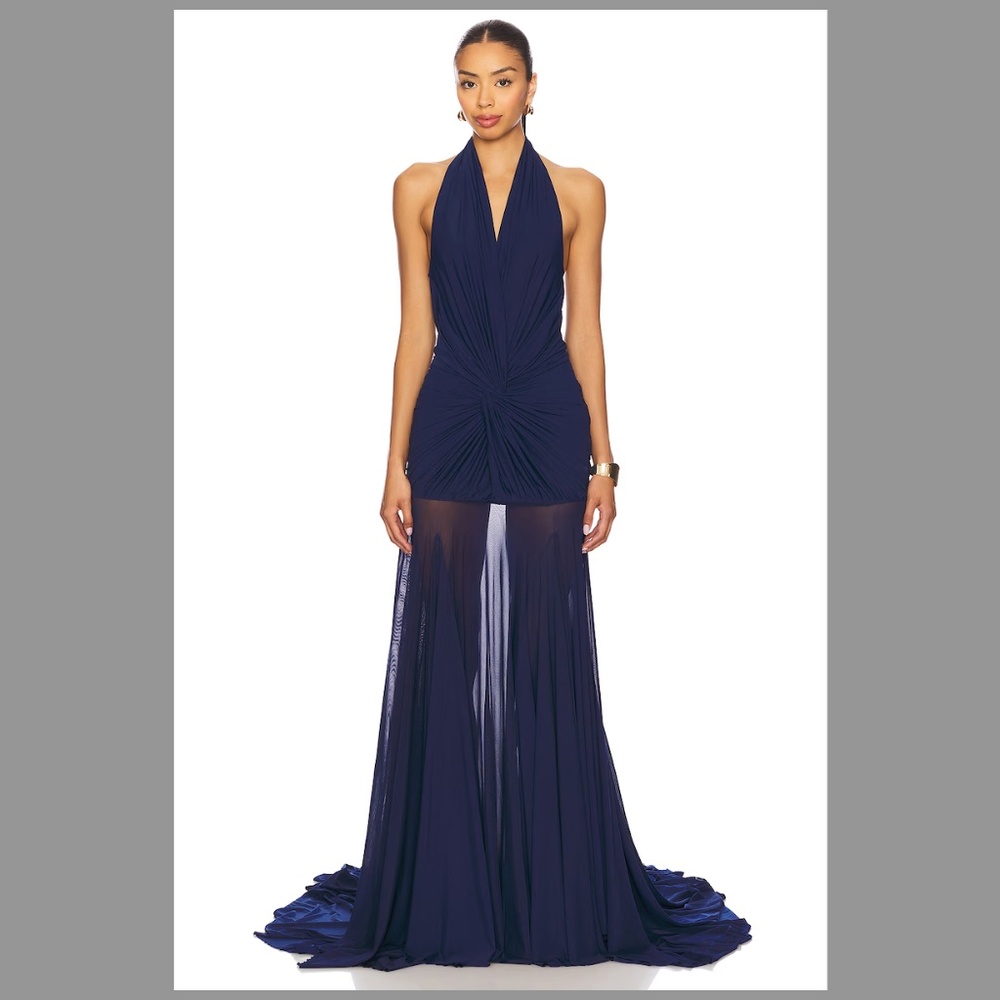 Navy Halter Maxi Dress with Sheer Skirt
